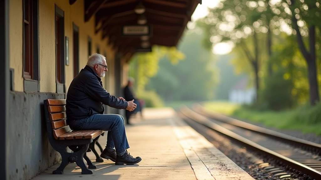 Cyclist at heritage railway station