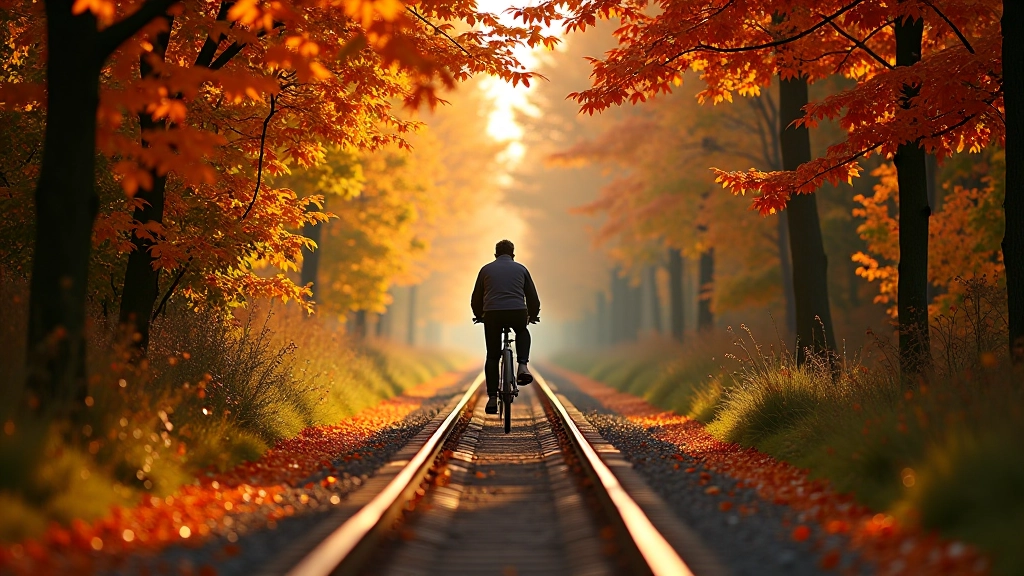 Autumn cycling scene on heritage railway trail with golden and red foliage overhead, fallen leaves on gravel path, cyclist riding through forest corridor