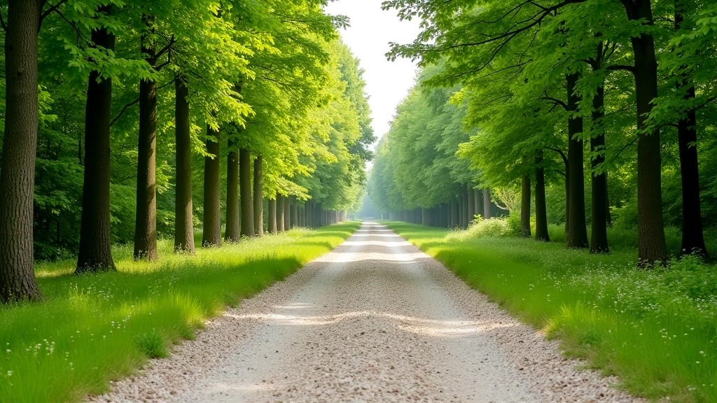 Close-up view of well-maintained gravel cycling path with forest trees on both sides creating a natural canopy