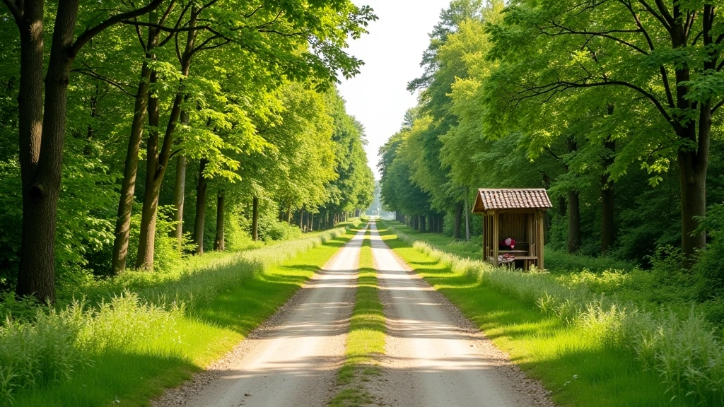 Scenic cycling path lined with tall trees, rest shelter visible in the distance along the heritage railway corridor