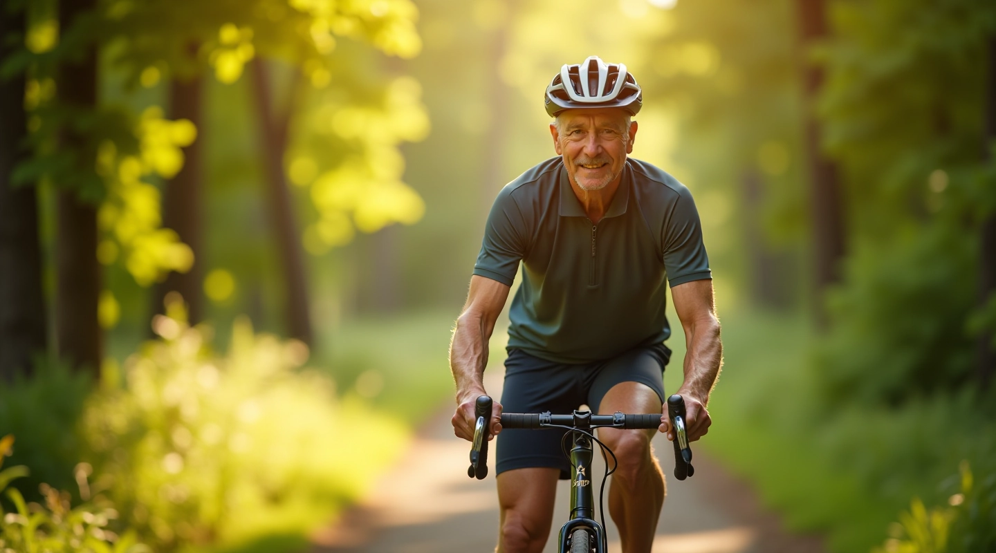 Cyclist riding on tree-lined narrow gauge railway corridor, peaceful forest setting
