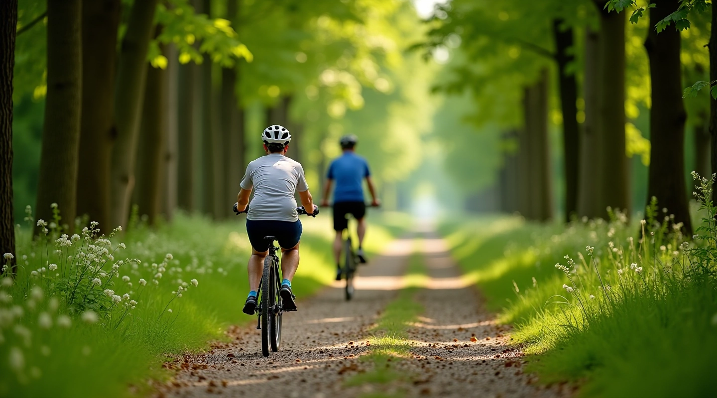 Cyclist enjoying a comfortable ride on a peaceful heritage railway trail lined with trees and green landscape