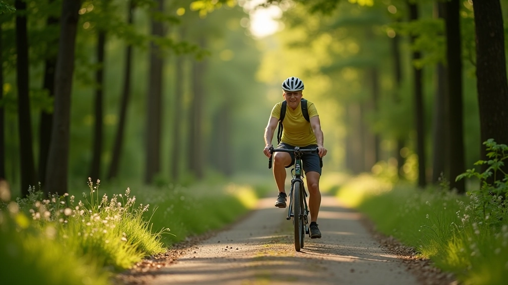 Cyclist on forest path demonstrating proper posture and technique for comfortable riding