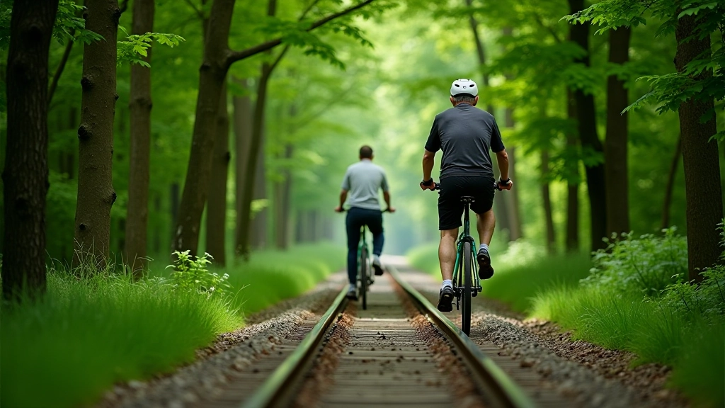 Cyclist on tree-lined railway corridor path, green forest surroundings
