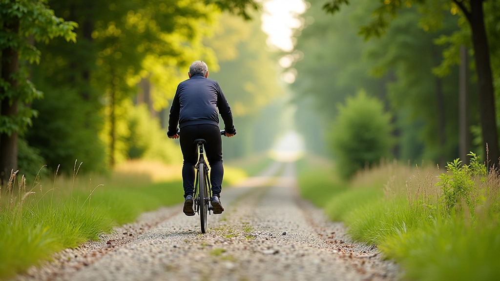Cyclist riding on comfortable gravel heritage railway trail in good condition