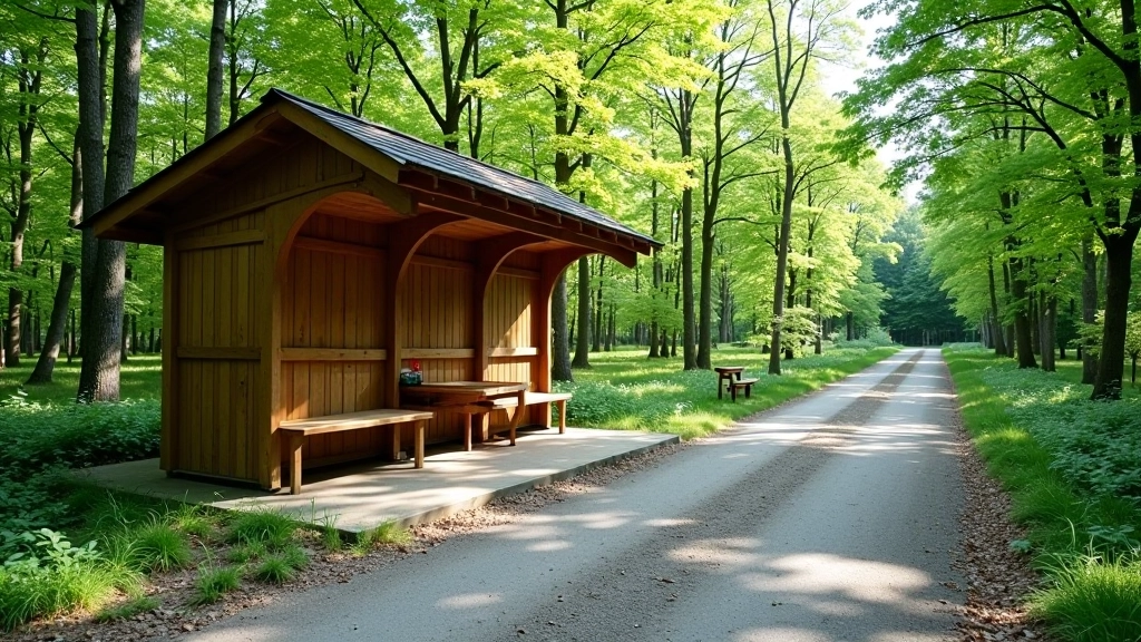 Comfortable rest stop shelter with seating along cycling trail, surrounded by forest, peaceful natural setting