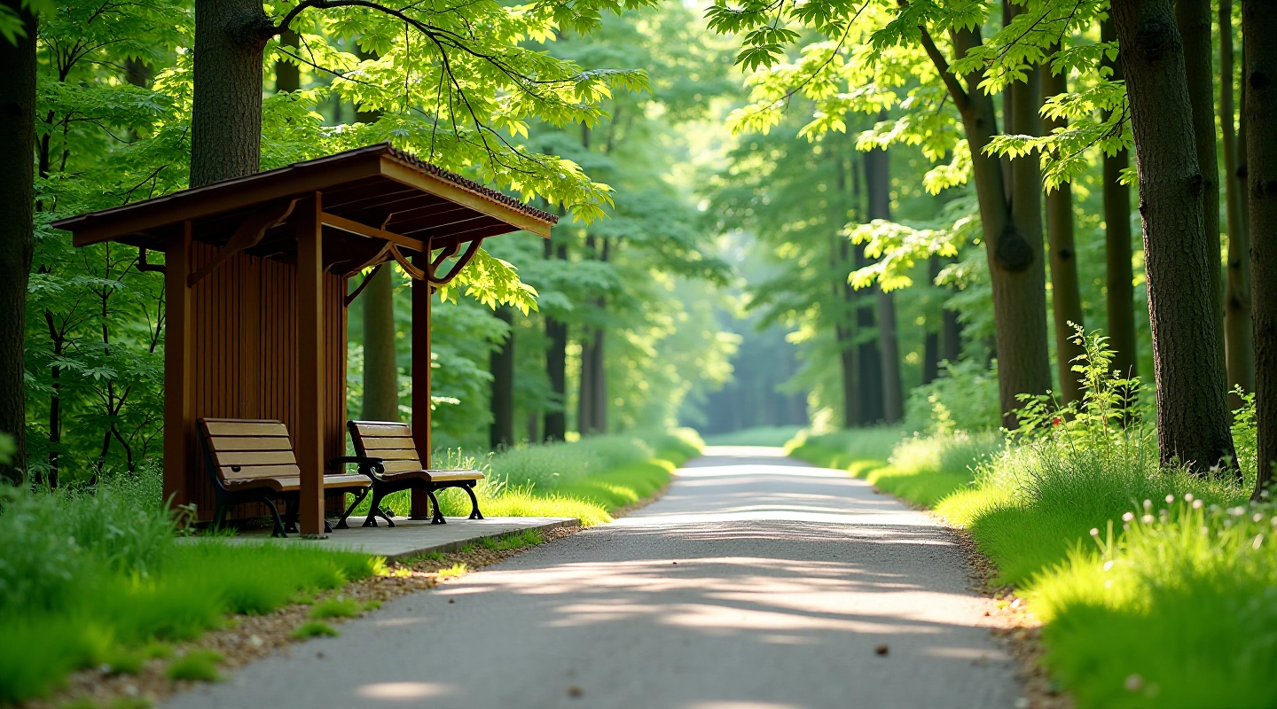 Forest station rest stop with benches and shelter along the cycling trail, surrounded by green trees