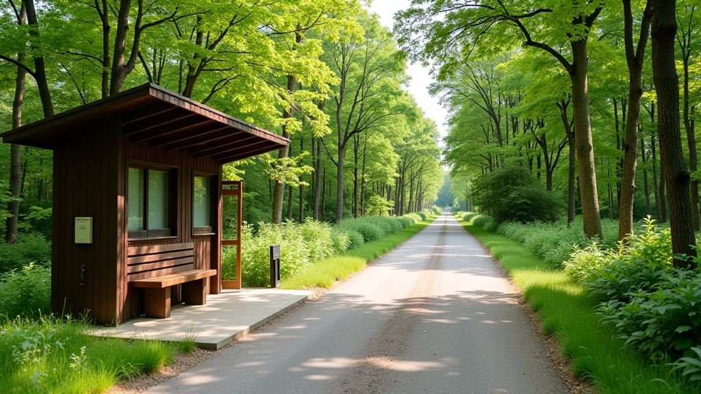 Forest station rest stop with facilities and seating area along cycling trail