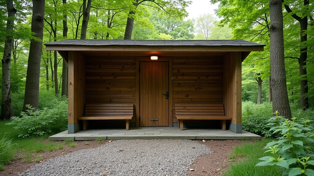 Forest station shelter with seating area, rest stop facility
