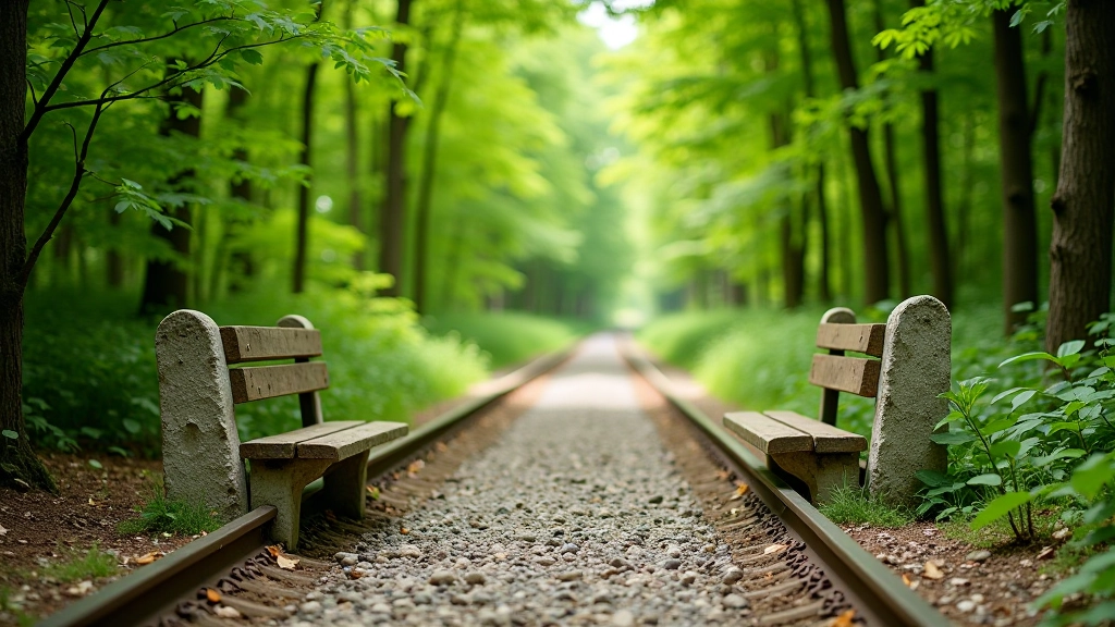 Forest trail with stone markers and old railway features visible, natural light filtering through trees creating dappled shadows