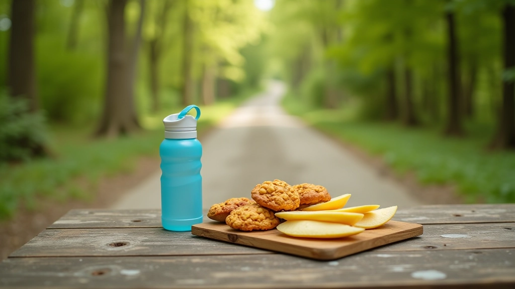Cyclist's backpack with energy bars, water bottle, and nutritious snacks arranged on a picnic blanket at a trail rest area