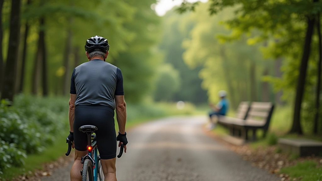 Cyclist taking a hydration break at a scenic rest stop along the heritage railway trail with water bottle and snack