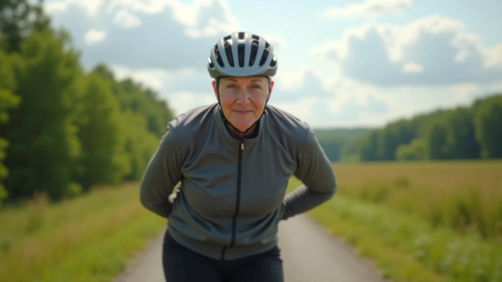 Cyclist stretching legs and lower back at a scenic viewpoint along the heritage railway trail after a long ride