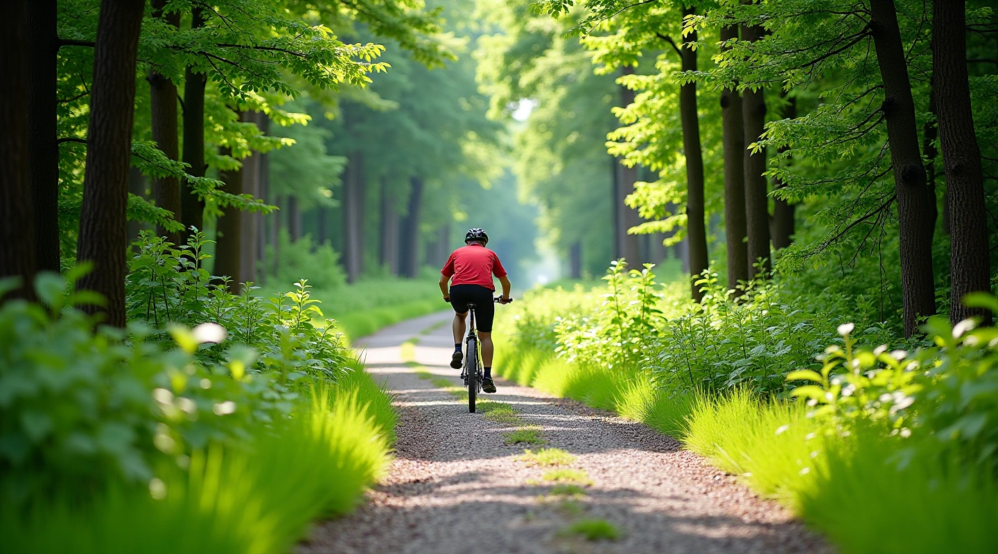 Scenic view of heritage railway cycling trail winding through forest corridor with gravel surface and green vegetation in summer season