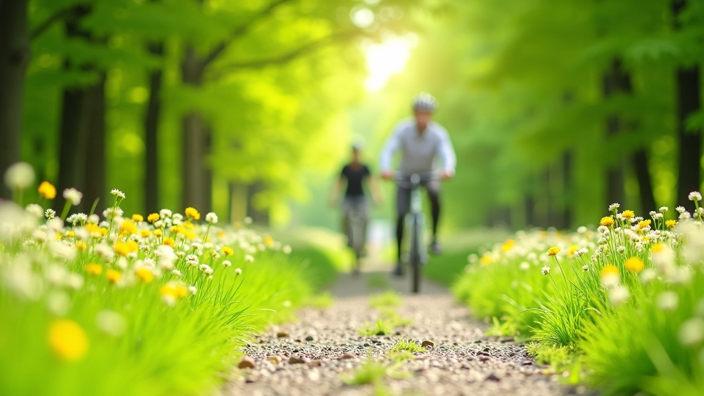 Spring cycling scene on heritage railway trail with blooming wildflowers along gravel path and fresh green tree canopy overhead