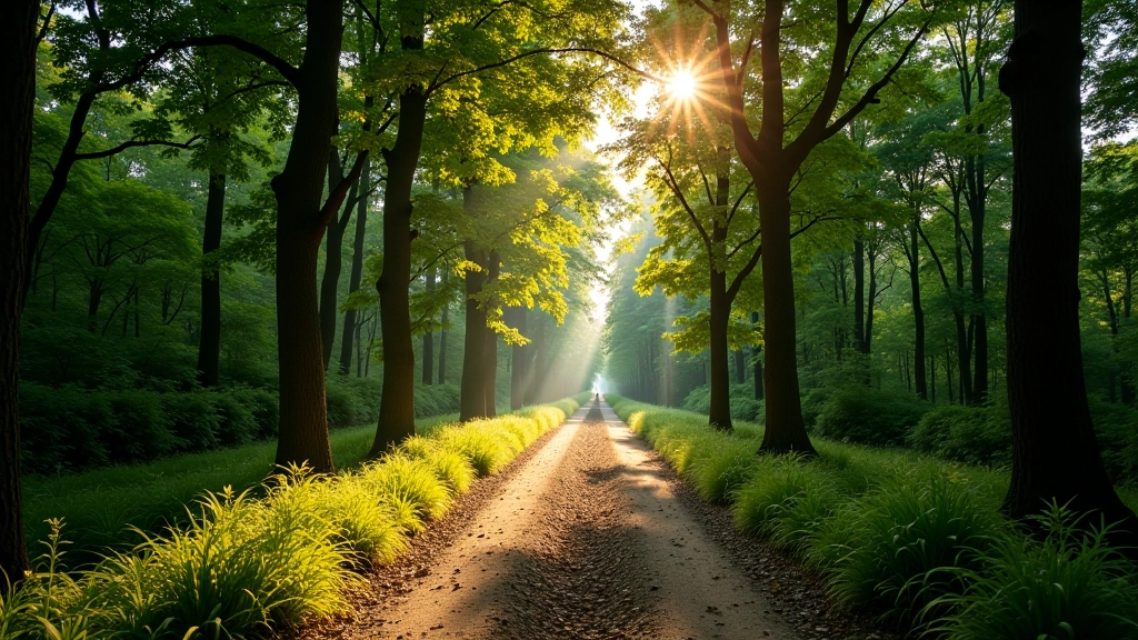 Forest path with sunlight filtering through trees, peaceful natural setting